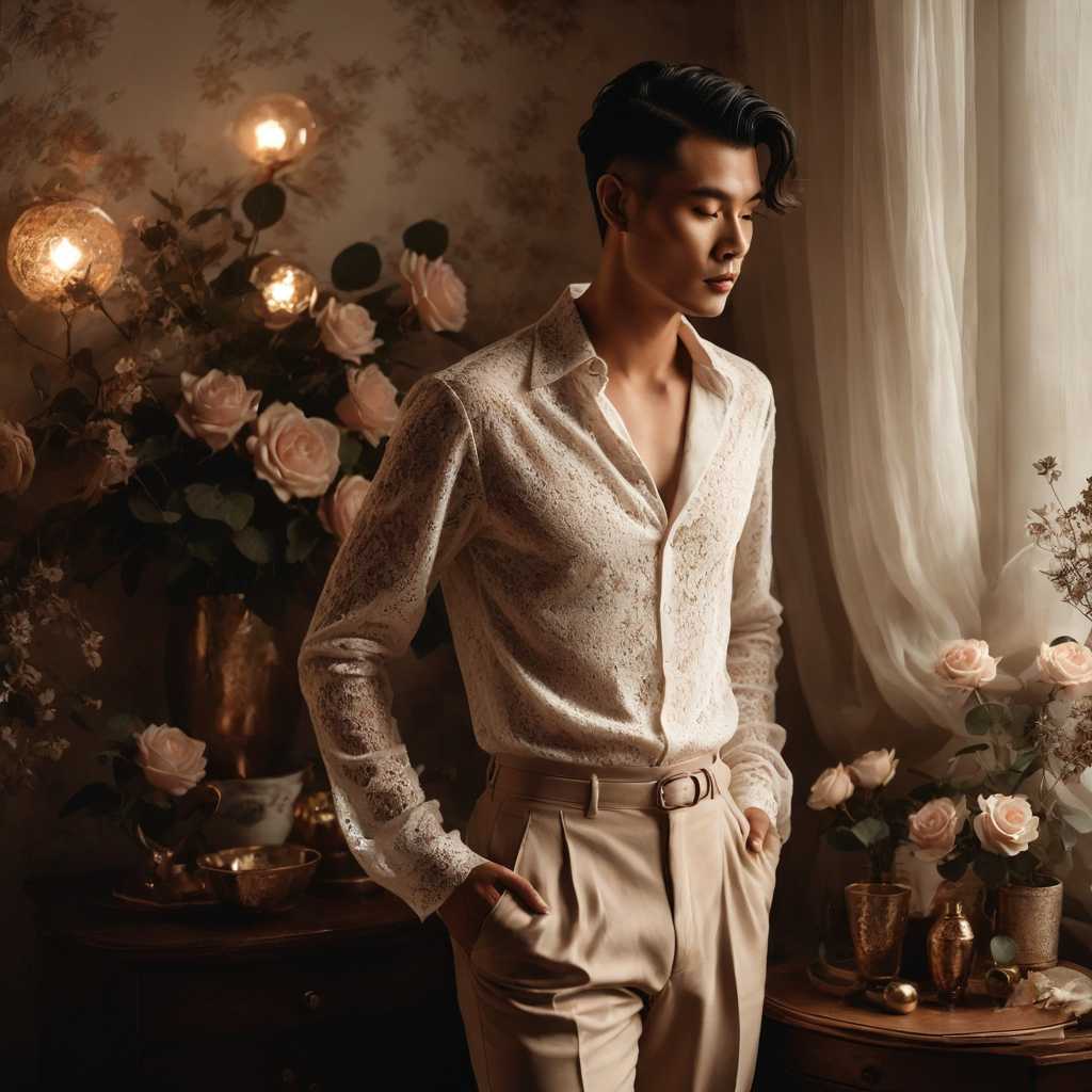 a photo of TOK, A beautiful man in a delicate lace top paired with high-waisted trousers, standing in a softly lit room filled with vintage decor, radiating a sense of timeless romance.