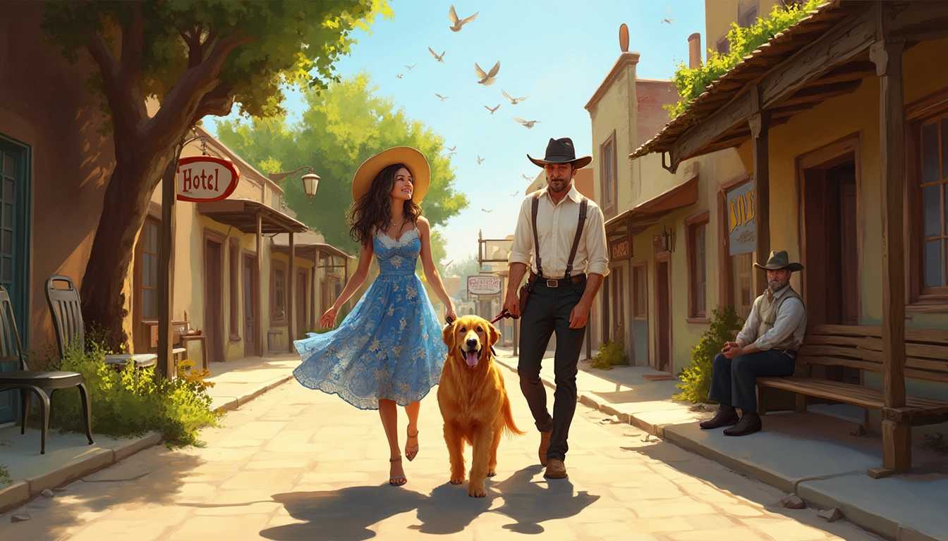 This image is a digital painting that captures a scene reminiscent of a Western town. The art style is realistic with a touch of impressionism, evident in the way the light and shadows are depicted and the loose brushwork. The medium appears to be digital painting software, given the smooth blending and lack of texture that might be present in traditional painting mediums.The colors in the image are warm and vibrant, with a predominance of oranges, yellows, and browns that give the scene a sunny, summery feel. The blues of the sky and the dress add a cool contrast, while the green of the trees in the background and the dogs golden fur provide pops of color. The shadows cast on the ground are deep and rich, indicating a strong light source coming from the right side of the image.Objects in the image include1. A golden retriever dog on a leash, walking down the street. The dogs fur is detailed and fluffy, and it has a joyful expression.2. A woman in a blue floral dress with lace trim, wearing a widebrimmed straw hat. She is holding the leash of the dog and has a relaxed posture.3. A man in a cowboy hat and suspenders, standing on the sidewalk. He is dressed in a white shirt and black trousers, with a holstered gun visible at his waist.4. A wooden bench on the right side of the image, where a man is sitting. He is wearing a cowboy hat and has a beard.5. A variety of buildings lining the street, with signs hanging above the doors. The signs are not legible but suggest businesses like a saloon and a hotel.6. A metal chair on the left side of the image, placed on a sidewalk.7. Birds flying in the sky above the buildings.8. The cobblestone street, with shadows cast by the buildings and the dogs paws.9. The greenery in the background, with trees and shrubs that add depth to the scene.Overall, the image conveys a sense of nostalgia and tranquility, reminiscent of a peaceful day in a bygone era.