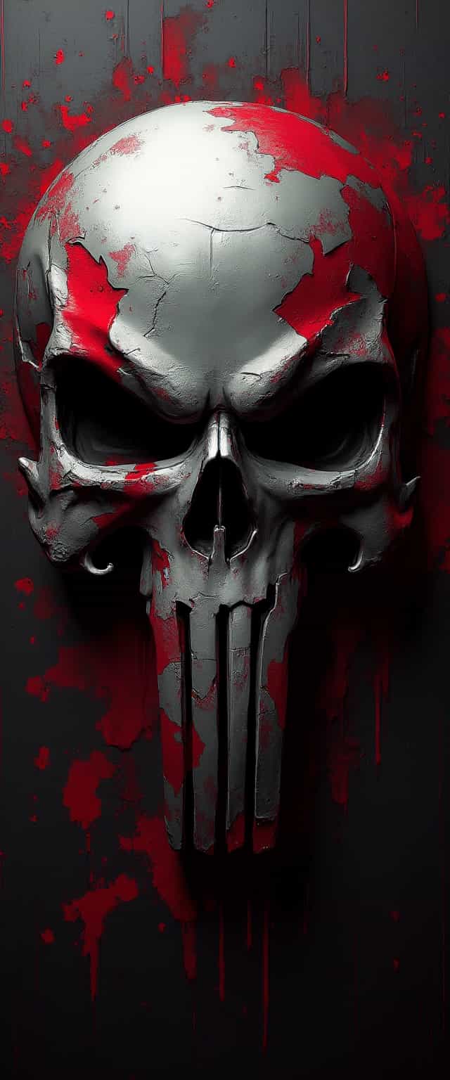 This image features a highly stylized punisher skull that is the focal point of the composition. The skull is rendered in a threedimensional style, giving it a sense of depth and volume. The skull is predominantly in shades of grey, with a metallic sheen that suggests a reflective surface. The grey tones are broken up by areas of red, which are applied in a way that mimics cracks or chips in the skulls surface. These red areas are irregular and jagged, resembling the look of broken glass or a shattered surface.The skull is set against a dark background that transitions from black to a deep maroon or crimson color. This background is textured, giving the impression of a rough, uneven surface that contrasts with the smooth, shiny appearance of the skull. The texture of the background is highlighted by the way the light plays across it, creating a sense of shadow and depth.There are also splatters of red throughout the image, which seem to be emanating from the skull. These splatters are irregular and have a translucent quality, giving the impression that they are made of a liquid substance. The red splatters are scattered in a seemingly random pattern, with some overlapping others, and they vary in size and intensity.Overall, the art style of the image is dark and moody, with a strong emphasis on contrast and texture. The medium appears to be digital, given the smooth gradients and the clean lines of the skull. The colors used are limited, with the grey and red tones creating a monochromatic palette that is punctuated by the black and maroon of the background. The objects in the image are primarily the skull and the red splatters, with the background texture also playing a significant role in the overall composition.