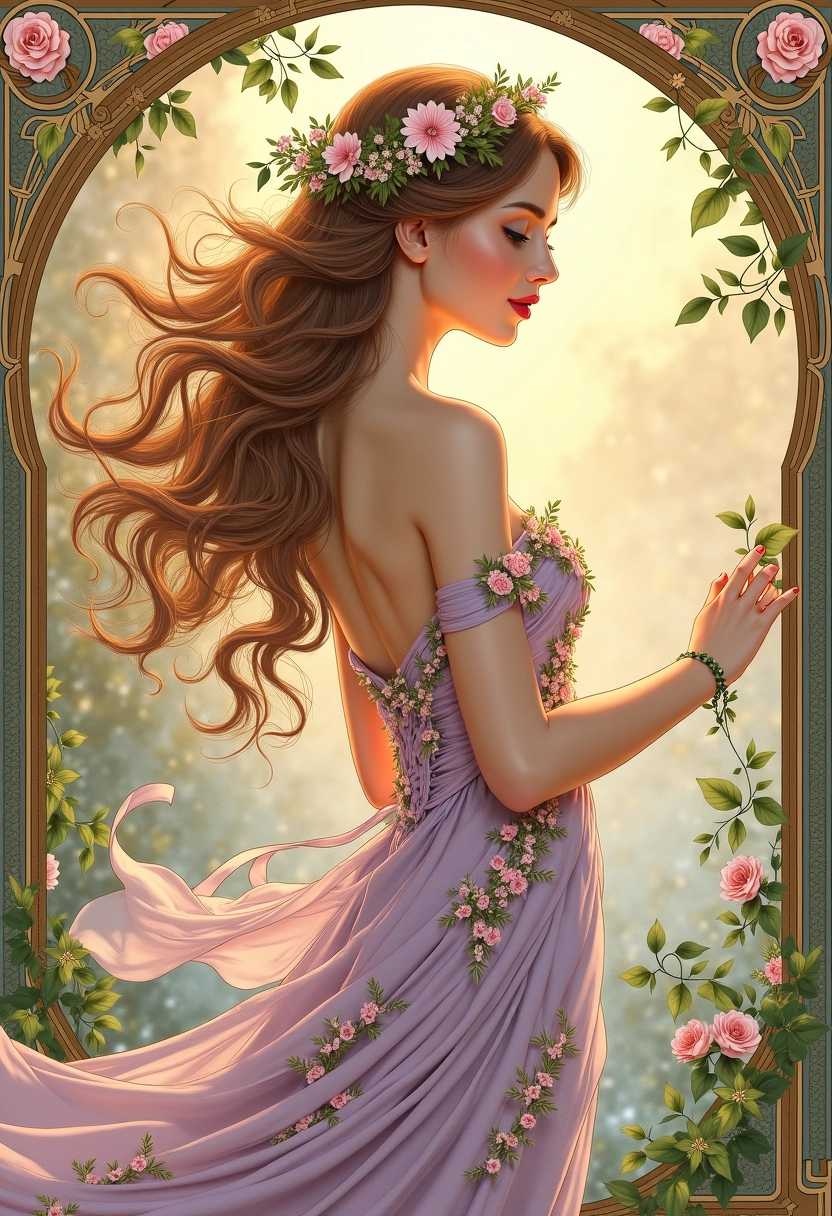 Create an enchanting image of a beautiful woman reminiscent of the Art Nouveau style of Alfons Mucha. The woman should have flowing, wavy hair adorned with delicate flowers and vines, exuding an ethereal beauty. Her attire is a flowing gown with intricate patterns, draped gracefully around her figure, featuring soft pastel colors like lavender, soft pink, and cream. Surround her with ornate, organic motifs typical of Mucha's work, including leaves and floral elements, creating a harmonious background that complements her figure. Incorporate elegant, curving lines and a sense of movement throughout the composition, emphasizing the grace and fluidity of her form. The lighting should be soft and warm, casting a gentle glow that enhances her features, while the overall atmosphere conveys a sense of tranquility and charm. The background can feature an elaborate border or framing, echoing Mucha's signature style, and it should be rich in detail, inviting the viewer to take in all the intricate aspects of the scene. The overall mood should be romantic and dreamlike, transporting the viewer into a world of beauty and harmony. --ar 2:3 --v 6.1