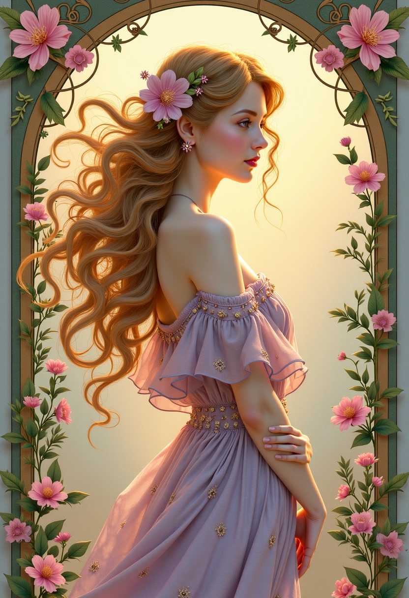 Create an enchanting image of a beautiful woman reminiscent of the Art Nouveau style of Alfons Mucha. The woman should have flowing, wavy hair adorned with delicate flowers and vines, exuding an ethereal beauty. Her attire is a flowing gown with intricate patterns, draped gracefully around her figure, featuring soft pastel colors like lavender, soft pink, and cream. Surround her with ornate, organic motifs typical of Mucha's work, including leaves and floral elements, creating a harmonious background that complements her figure. Incorporate elegant, curving lines and a sense of movement throughout the composition, emphasizing the grace and fluidity of her form. The lighting should be soft and warm, casting a gentle glow that enhances her features, while the overall atmosphere conveys a sense of tranquility and charm. The background can feature an elaborate border or framing, echoing Mucha's signature style, and it should be rich in detail, inviting the viewer to take in all the intricate aspects of the scene. The overall mood should be romantic and dreamlike, transporting the viewer into a world of beauty and harmony. --ar 2:3 --v 6.1