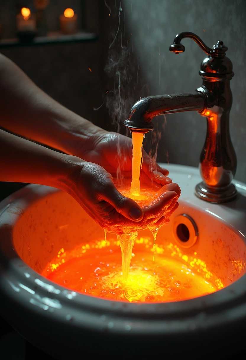 POV shot of an individual washing their hands in very thick, gloopy, glowing molten lava pouring out of a bathroom sink faucet. The scene is highly detailed, capturing the viscous, reddish-orange lava with a bright, radiant glow that contrasts sharply against the white porcelain sink. Tiny flames flicker from the lava, illuminating the scene with a fiery glow. The hands are positioned centrally, showing the fingers submerged in the molten substance, with steam and smoke rising from the contact point. The bathroom is dimly lit, with shadows dancing on the walls, creating a dramatic and intense atmosphere. The texture of the sink and faucet remains pristine, yet ominously juxtaposed with the de structive lava. This image combines hyper-realistic details with fantastical elements, set in a surreal, almost apocalyptic ambiance. The lighting is dynamic, highlighting the contrast between the dark surroundings and the bright, glowing lava. The overall mood is one of danger and surrealism, blending elements of fantasy and realism seamlessly. Capture this moment with a shallow depth of field to focus on the hands and lava, blurring out the peripheral details.