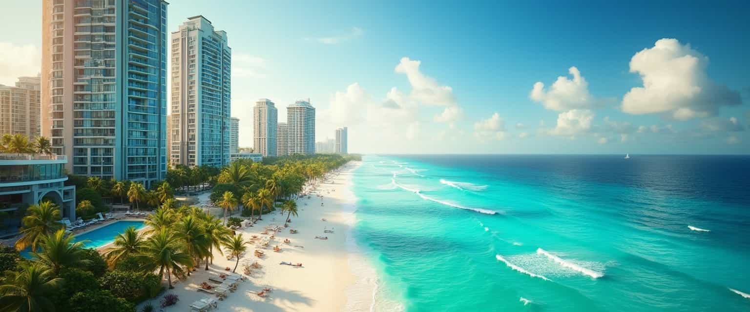 A breathtaking aerial view of Cancun's pristine beaches adorned with vibrant turquoise waters gently lapping at the golden sands. Towering modern hotels, with sleek glass facades, elegantly line the coastline, their reflections shimmering in the sunlight. Lush green palm trees dot the landscape, their leaves rustling in the gentle breeze, offering patches of shade to beachgoers. The sky is a brilliant blue, with a few fluffy white clouds, creating an idyllic, tropical paradise. The scene is captured in the golden hour, bathing everything in a warm, inviting glow, enhancing the vibrant colors. The composition is balanced, with the hotels on one side and a wide expanse of beach leading into the ocean on the other, capturing the essence of a luxurious, tranquil getaway. The overall atmosphere is serene and inviting, perfect for a relaxing vacation. 

Photorealism, wide-angle shot, vibrant colors, high-dynamic range (HDR) to capture the rich details and contrasts.