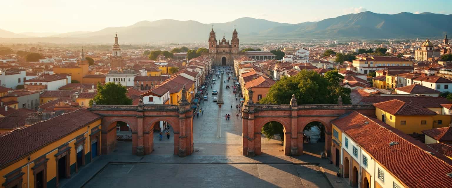 Drone view of Querétaro, Mexico, captured during a clear, sunny day with minimal clouds in the sky. The scene showcases the colorful, historic architecture of the colonial-era buildings with their distinctive red-tiled roofs and vibrant facades. The cobblestone streets weave intricately through the cityscape, adding to the charm and historical ambiance. 

In the foreground, the well-preserved aqueduct arches stand tall and imposing, leading the eye towards the city center. The layout of the city is visually engaging, with bustling plazas, lush green parks, and ornate churches dotting the landscape. The distant Sierra Gorda mountain range frames the horizon, providing a picturesque backdrop to the urban setting.

The drone camera angle is high and slightly tilted to capture the depth of the city, revealing both the sprawling urban areas and the natural surroundings. Warm, golden sunlight bathes the entire scene, casting gentle shadows that enhance the textures and colors of the buildings and streets. 

The overall mood is vibrant and lively, giving a sense of both historical richness and present-day dynamism. The image should evoke a feeling of exploration and appreciation for the architectural and cultural heritage of Querétaro.
