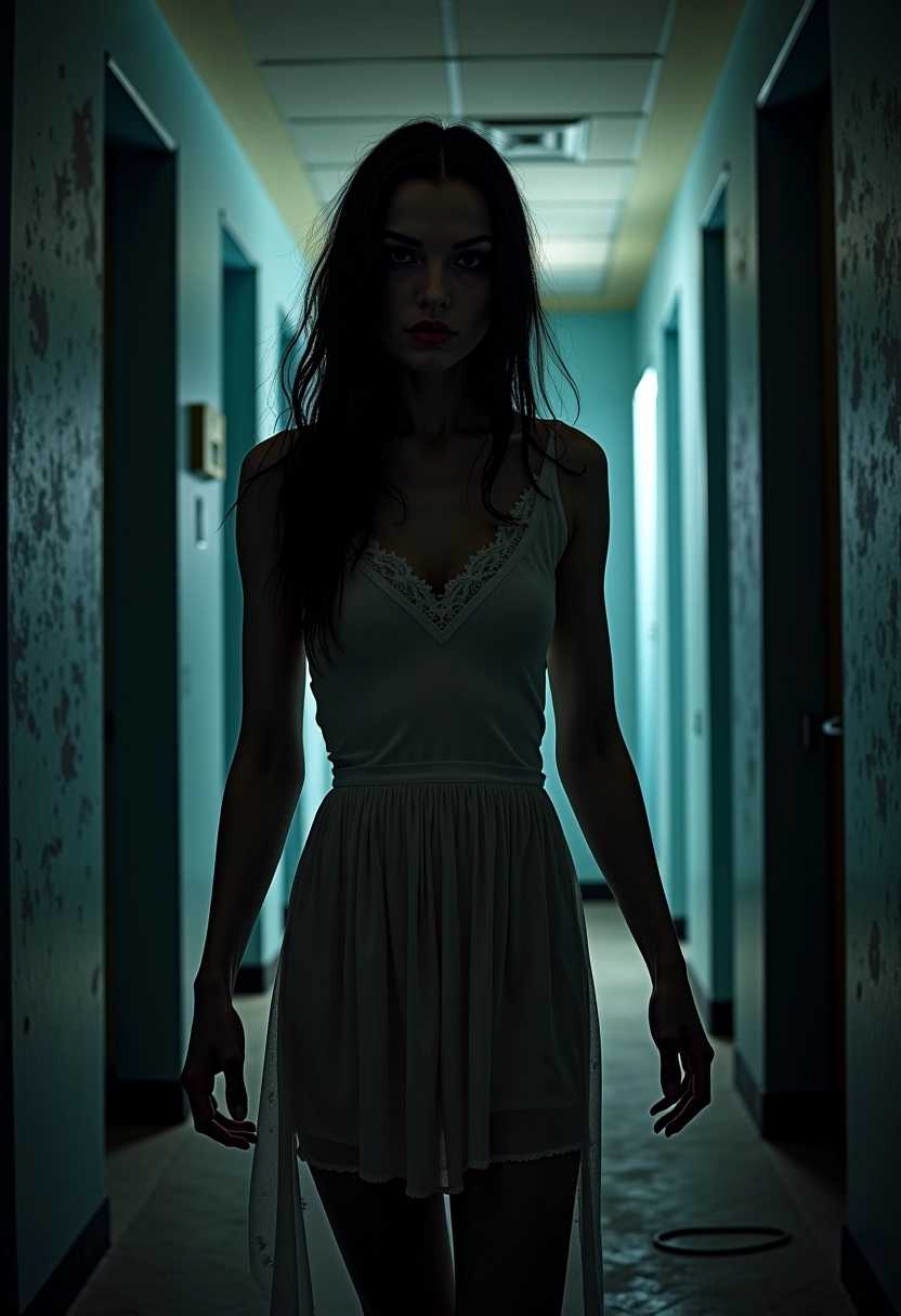 WOMAN TERRIFIED IN ABANDONED ASYLUM AT MIDNIGHT, GOTHIC HORROR