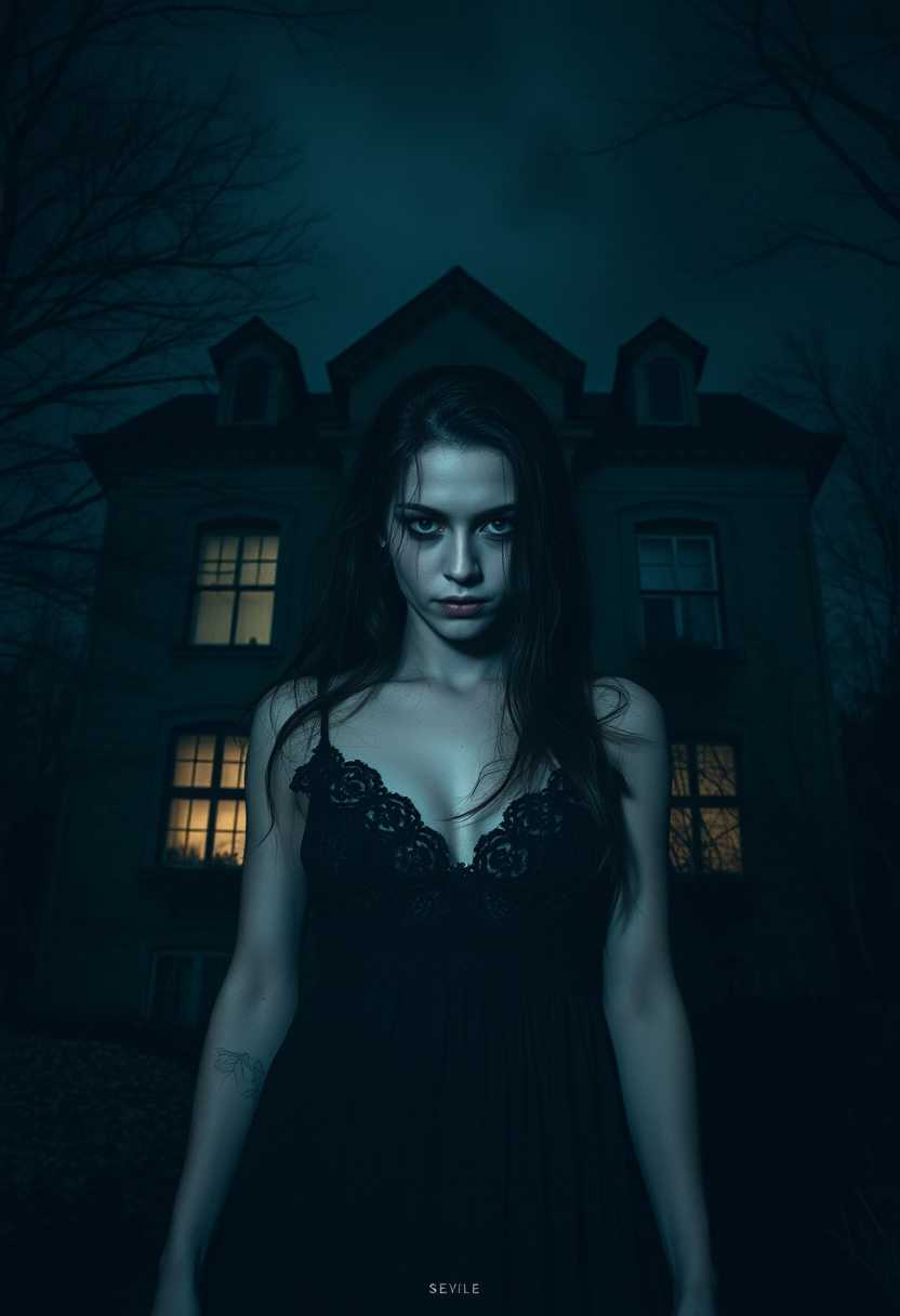 WOMAN TERRIFIED IN ABANDONED ASYLUM AT MIDNIGHT, GOTHIC HORROR