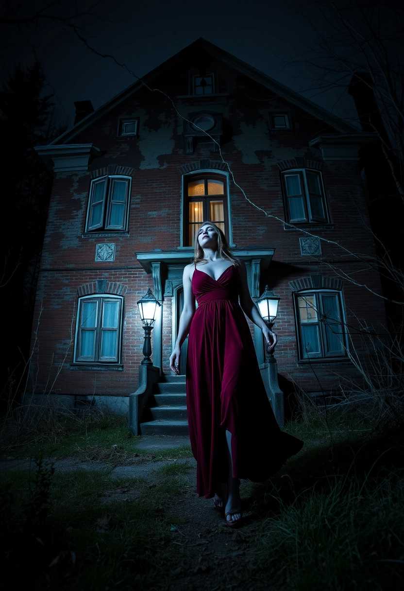 WOMAN TERRIFIED IN ABANDONED ASYLUM AT MIDNIGHT, GOTHIC HORROR