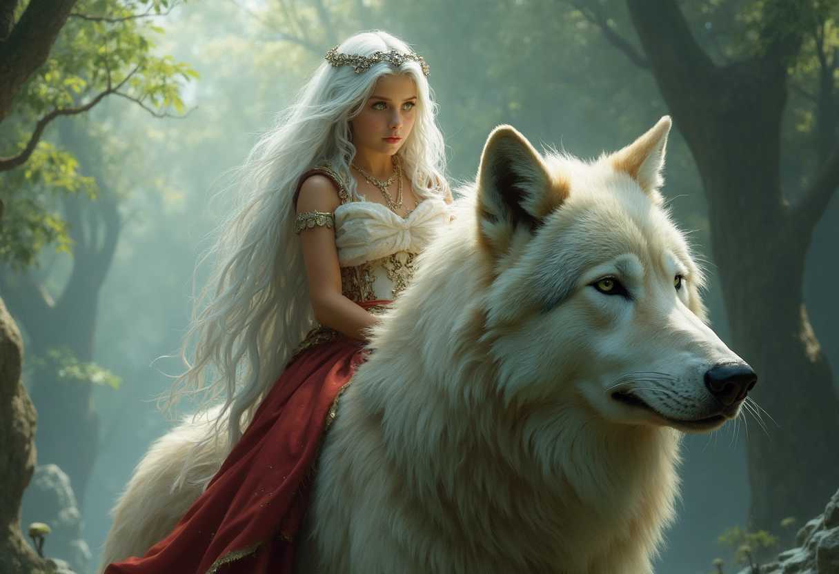 a beautiful young princess with long white hair, green eyes, dressed in a long white dress with slavic ornaments, rides atop of a s big wolf