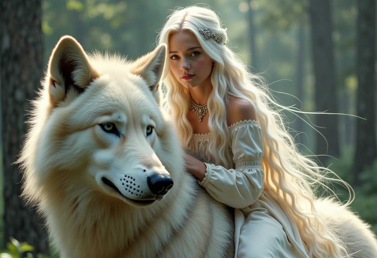 a beautiful young princess with long white hair, green eyes, dressed in a long white dress with slavic ornaments, rides atop of a s big wolf