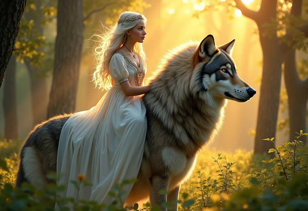 A beautiful young princess with long white hair, cascading in soft waves, and striking green eyes, dressed in an elegant white dress adorned with intricate Slavic ornaments, rides atop a majestic, massive wolf. The scene is set in a lush, enchanted forest bathed in the golden light of the setting sun, casting a warm, magical glow. The wolf's fur is a rich, deep gray with subtle hints of silver, and it stands proudly beneath her, its muscular form exuding strength and loyalty. The princess sits gracefully, her dress flowing elegantly over the wolf's back, blending seamlessly with the surrounding flora. The forest is dense with ancient trees, their leaves a vibrant mix of green and gold, creating a canopy that filters the sunlight into dappled patterns on the forest floor. The atmosphere is serene yet charged with an air of ancient magic and timeless beauty. The overall composition captures the princess from a side angle, emphasizing her regal presence and the harmonious connection between her and the wolf. The image evokes a sense of fantasy, elegance, and a deep connection to nature. The style can be compared to a blend of classical romanticism and high fantasy illustration, with attention to fine details and a touch of ethereal glow. High-resolution, with a depth of field effect to add