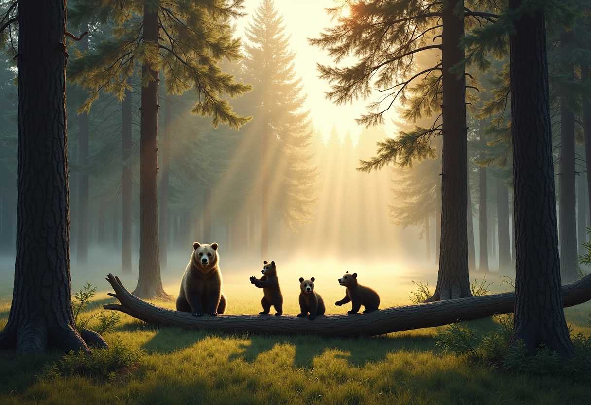 **Prompt**:

A majestic pine forest in the early morning, as the first light begins to pierce through the dense canopy. The sun's rays gently illuminate the mist that still lingers over the ground. 

In the foreground, three playful bear cubs frolic on a fallen tree trunk, watched over by their mother bear nearby. The cubs appear carefree and joyous, their forms clearly standing out against the dark pine trunks. Every detail of the forest is meticulously crafted — each tree, branch, and blade of grass adding to the extraordinary realism of the scene.

The color palette features deep greens and browns, conveying the forest's density and depth, along with delicate golden hues of the morning light that make the composition vibrant and suffused with light. The image evokes a sense of tranquility, calm, and harmony with nature. 

**Art Style**: Hyper-realistic painting.

**Lighting**: Soft, diffused morning light; sunbeams softly cutting through the mist.

**Camera Angle**: Low angle, capturing the forest expanse and emphasizing the playful cubs on the tree trunk.

**Mood**: Serene, peaceful, and harmonious.

**Details**: Intricately detailed trees, branches, and blades of grass; mist hanging low over the