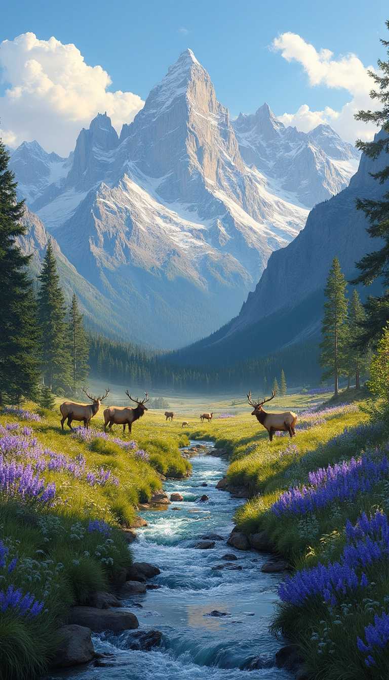 **A breathtaking landscape of the Rocky Mountains**, bathed in the golden hues of the early morning sun. The rugged peaks, dusted with snow, rise majestically into a clear azure sky, their jagged edges softened by the ethereal glow of dawn. Flowing from these grand heights into a serene valley, a crystal-clear creek meanders gently, its water shimmering with the soft pastel reflections of the sky above. On the lush valley floor, clusters of vibrant purple flowers bloom in abundance, their petals creating a stunning contrast against the verdant grass. A small herd of elk grazes peacefully by the creek, their tawny coats blending harmoniously with the natural surroundings. The scene is captured with a wide-angle lens, enhancing the grandeur of the mountains and the tranquility of the valley below. The mood is serene and invigorating, the air crisp and fresh, evoking a sense of untouched natural beauty. **Photorealism**, heightened by fine details and vivid colors, ensures a captivating and lifelike representation.