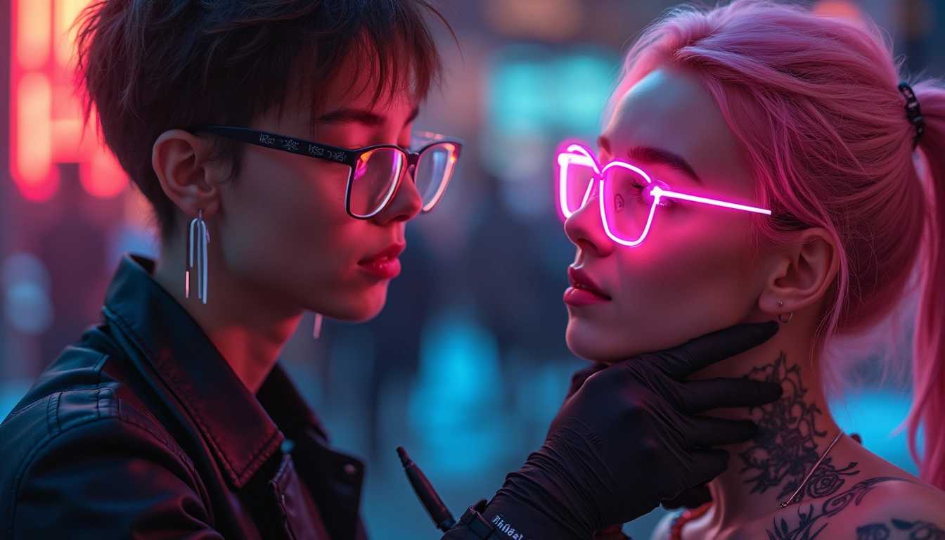 a cyberpunk woman with pink hair and multicolored glasses getting the word "FLUX" tattooed on her cheek by an expert
