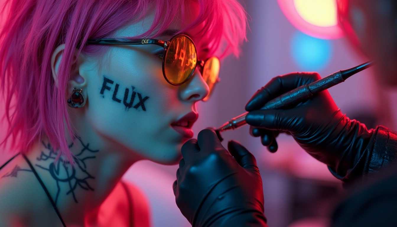 a cyberpunk woman with pink hair and multicolored glasses getting the word "FLUX" tattooed on her cheek by an expert