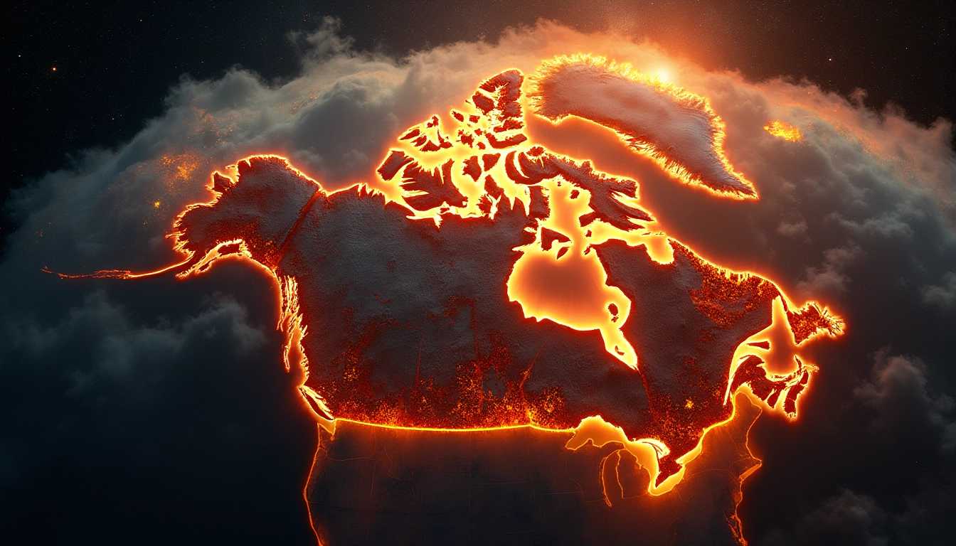 **Title**: Fiery Transformation of Earth

**Prompt**: An awe-inspiring, highly stylized artistic representation of Earth from space, with a dramatic focus on the map of Canada. The continents and oceans are depicted with surreal, fiery outlines, giving the impression of a planet on the brink of destruction or undergoing a majestic transformation. **Color and lighting**: Vivid fiery oranges and yellows outline the landmasses with an urgent, dramatic glow, contrasting starkly against the deep, dark void of space. **Clouds and Atmosphere**: Rendered with swirling, dynamic patterns, the clouds exhibit varying textures and colors, infusing depth and realism into the otherwise fantastical scene. **Background**: A deep, inky black space dotted with distant, glittering stars and celestial bodies, adding to the vastness and isolation of the Earth. **Artistic Style**: Evocative of science fiction and fantasy art, this cinematic piece could be a still from a movie or concept art for a space-themed project. **Geographical Accuracy**: While stylized, the outlines of continents and countries are precise and recognizable; Canada occupies a central, prominent position. **Mood and Symbolism**: The image induces a sense of wonder, awe, and