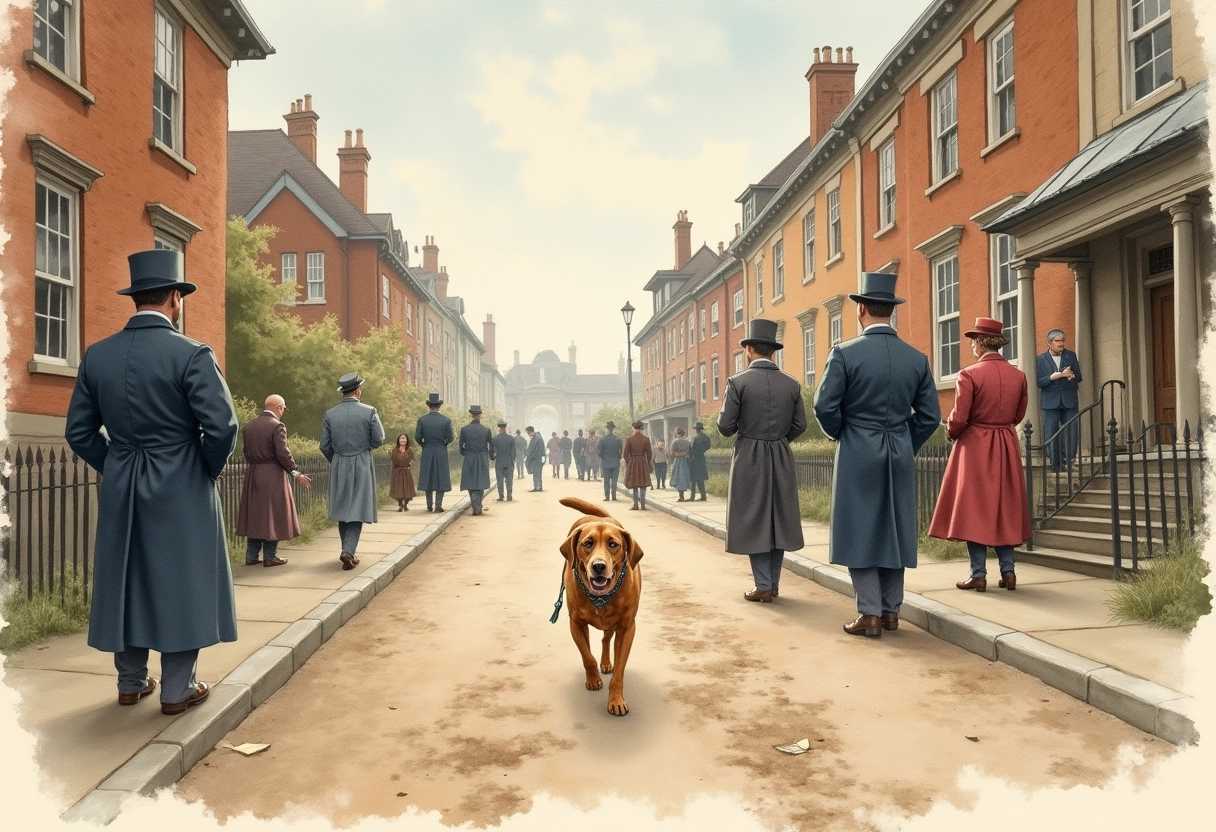 art, a watercolor painting of a dog walking along a Victorian road in the 1800s as people look on