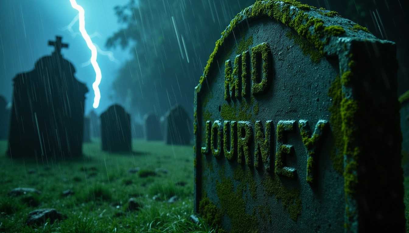 Close-up shot of an old, weathered tombstone in a dark, rainy graveyard night. The tombstone, carved from aged stone and covered in vibrant green moss, prominently displays the inscription "Mid-Journey". The rain pours down heavily, creating glistening droplets that slide off the tombstone's surface. The scene is illuminated by occasional flashes of distant lightning, casting eerie shadows that dance across the graveyard. The background is blurred with additional tombstones barely visible through the dense fog and rain. A sense of melancholy and mystery fills the air, enhanced by the cold, wet ambiance of the night. The composition focuses on the tombstone from a low-angle, close-up perspective, bringing attention to the texture of the moss and the deep engravings. The lighting captures the reflective surface of the water droplets, adding a haunting glow. The overall mood is somber, with a spine-chilling atmosphere, reminiscent of gothic horror photography.