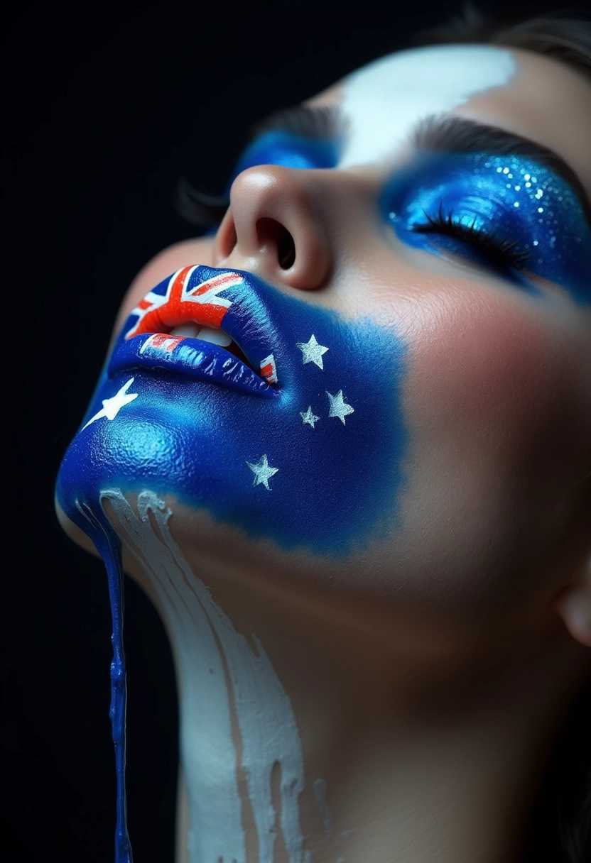 realistic close up of a woman with her head thrown back and tilted to the side, eyes closed, heavy electric blue glitter eyeshadow, Australian flag painted on her lips, thin rivulets of royal blue and white paint drip from her mouth and closed eyes, flowing down, her neck is half white half royal blue, black bg