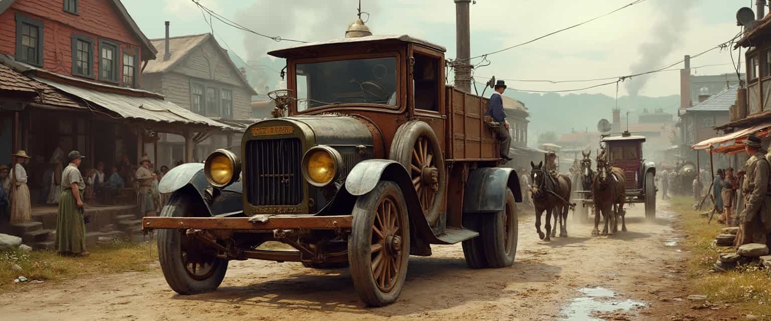Create an image of an old distillery delivery truck from 1800's. Make it look weathered and rustic. Make sure to add mud and dirt to the wheels. Add a horse-drawn carriage nearby. add a bustling crowd of people around the distillery