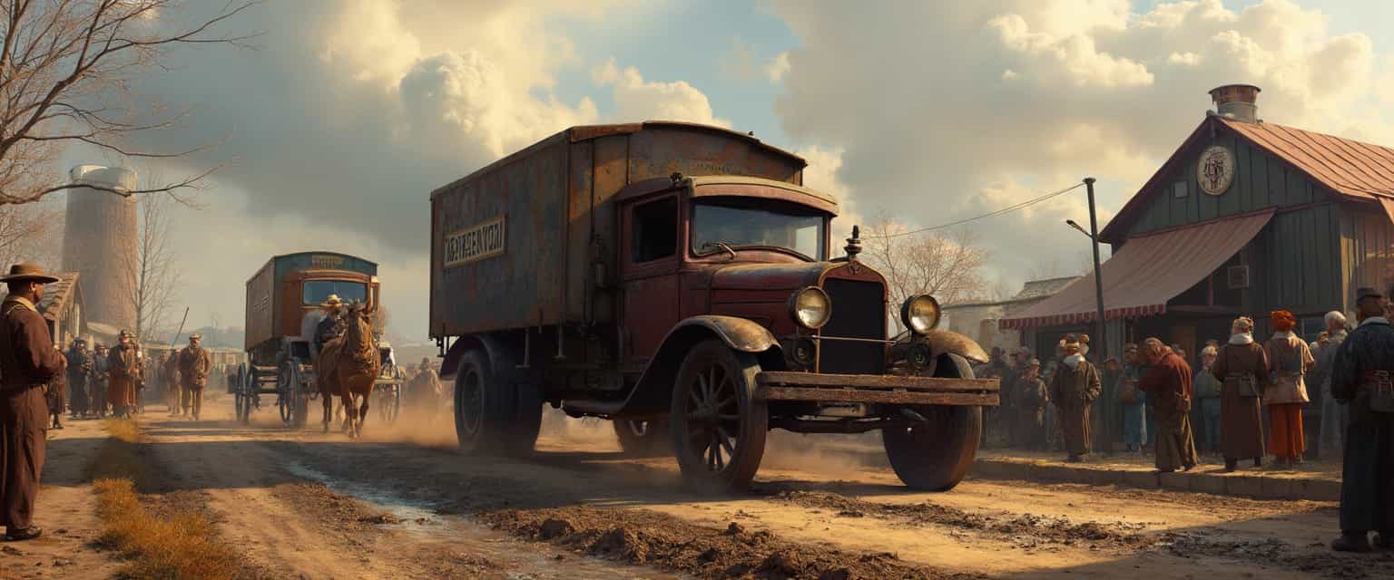 Create an image of an old distillery delivery truck from 1800's. Make it look weathered and rustic. Make sure to add mud and dirt to the wheels. Add a horse-drawn carriage nearby. add a bustling crowd of people around the distillery