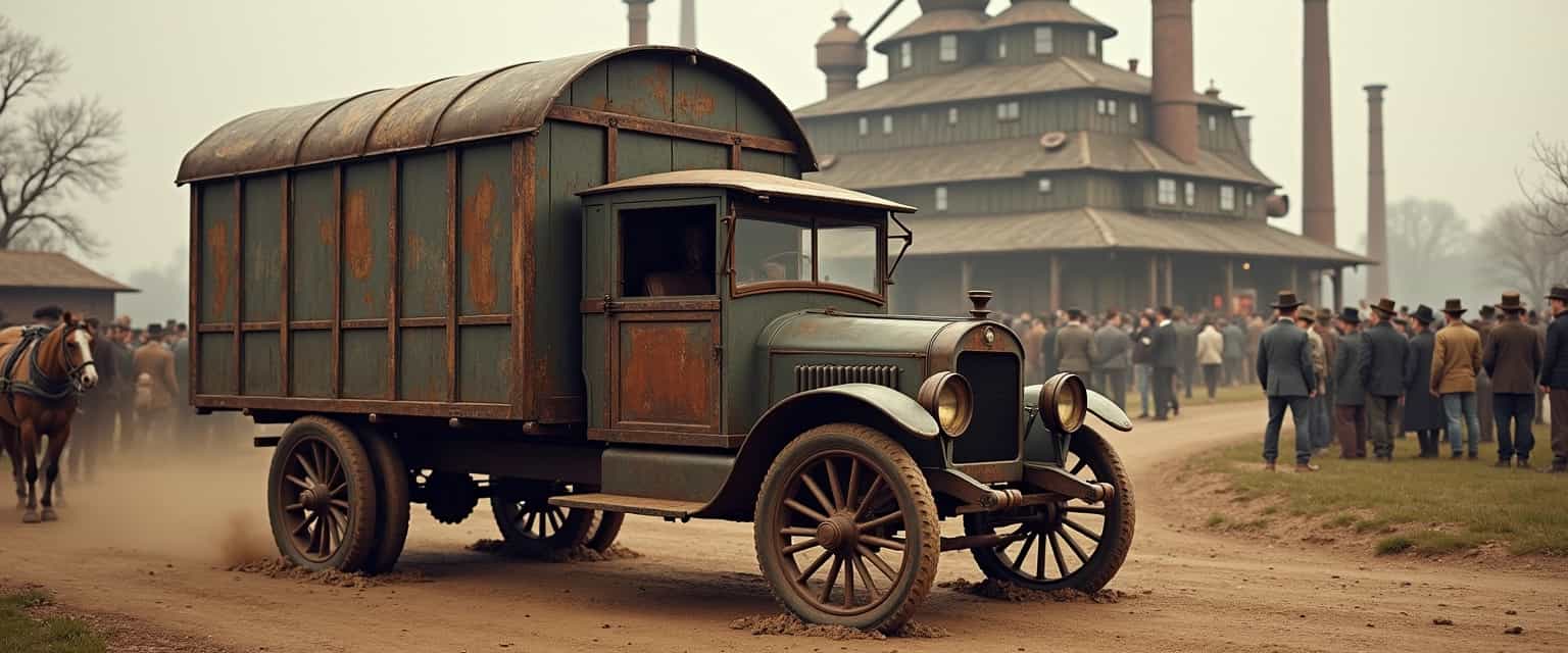 Create an image of an old distillery delivery truck from 1800's. Make it look weathered and rustic. Make sure to add mud and dirt to the wheels. Add a horse-drawn carriage nearby. add a bustling crowd of people around the distillery
