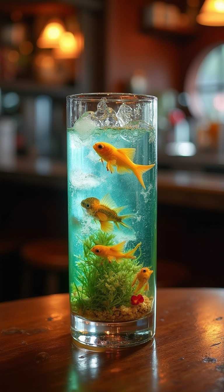 When I drink this cocktail I feel like I am drinking a whole ecosystem. Colorful creatures swim in its tall crystal clear glass. The backlight in the pub makes them so much more interesting.