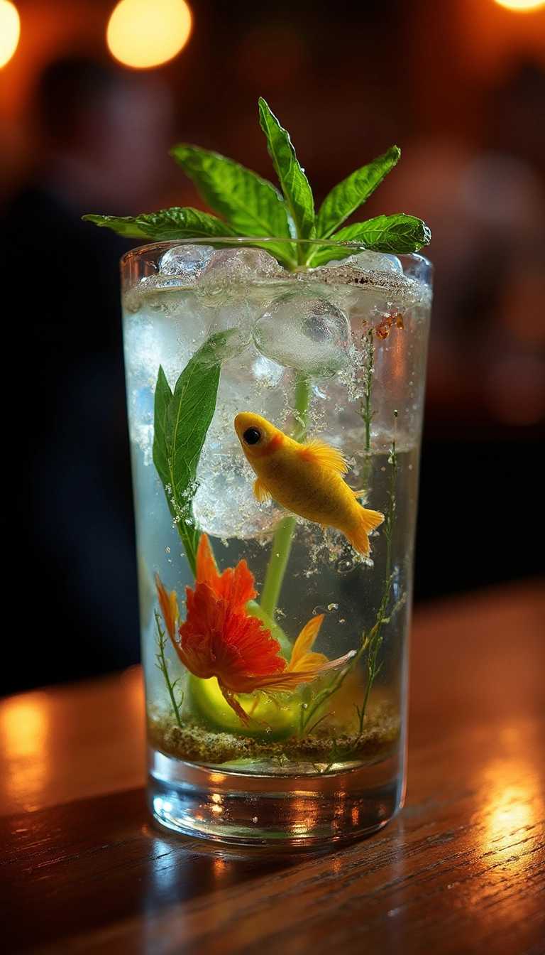When I drink this cocktail I feel like I am drinking a whole ecosystem. Colorful creatures swim in its tall crystal clear glass. The backlight in the pub makes them so much more interesting.