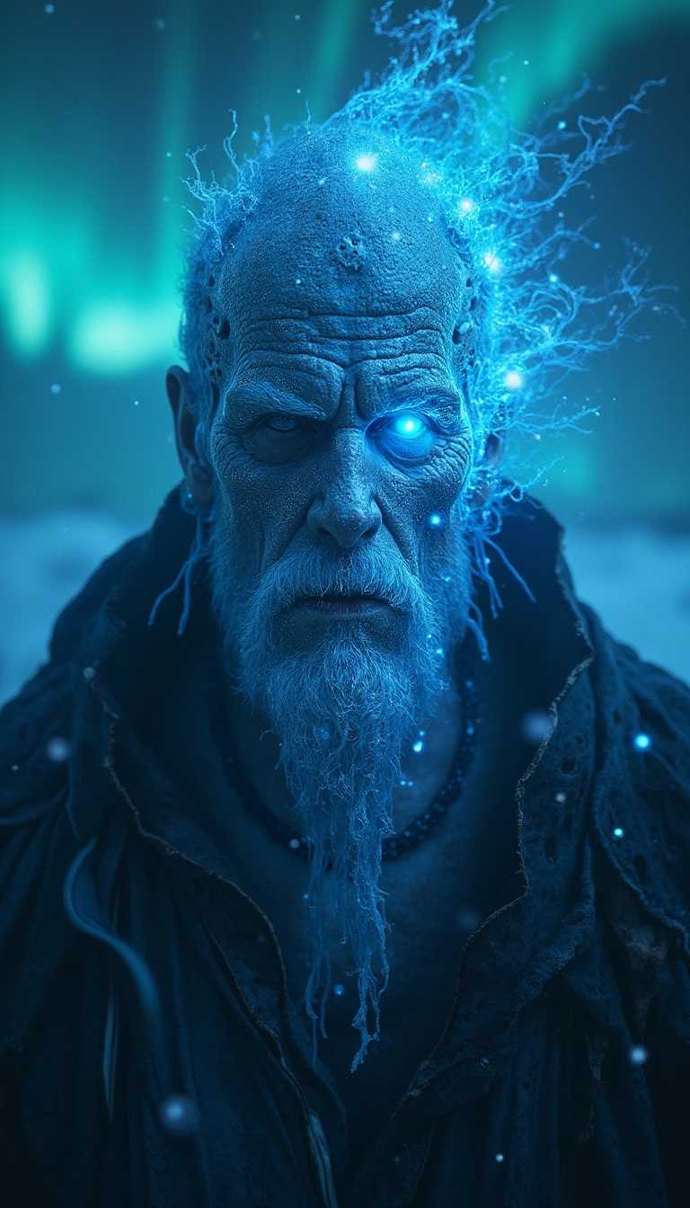 A symmetric portrait of a male, evil frozen necromancer, features dissolving into frozen magic thin, luminescent blue lines. Weighted Voronoi stippling and laser caustics create a network, transitioning from hyperrealistic detail to abstract, quantum-inspired forms. Ethereal hues blend, evoking existential transition and mystery. Close-up on face, evil skull partially visible. Set against a twilight arctic backdrop, icy winds ripple through his tattered robes. Rendered in a fusion of photorealism and digital surrealism, the scene is illuminated by ghostly Northern Lights. Emphasis on cold, menacing atmosphere, invoking Nordic myths