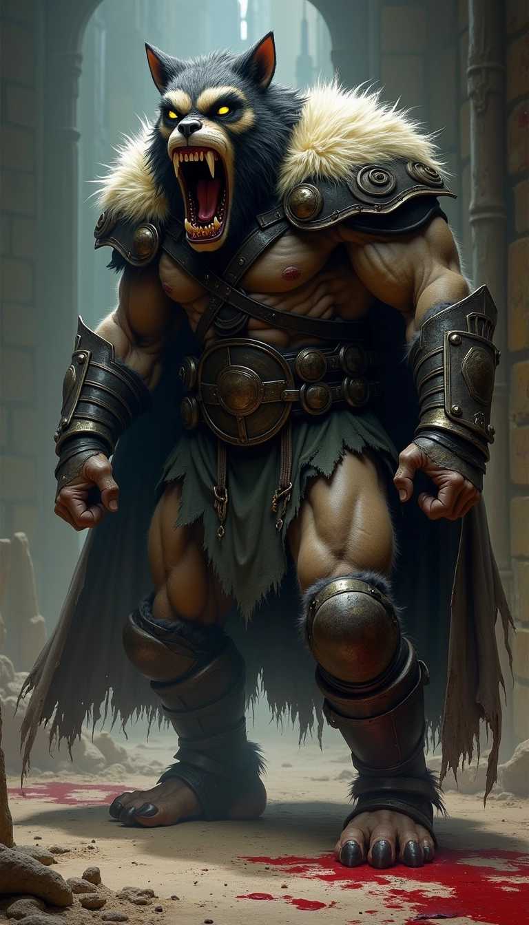 furry, 1 berserker shouting angry fighting stance, attack, charge dark armor dynamic pose fur cape shadow, dim light, dark room. messy, detailed background, blood splatter, dystopian futuristic (by Frank Frazetta) [(details:1.2): [ (many small details:1.3) : [ (many ultrasmall details: 1.2):(very detailed ultrasmall edges and microrelief:1.5):0.7 ]: 0.4 ] :0.2]