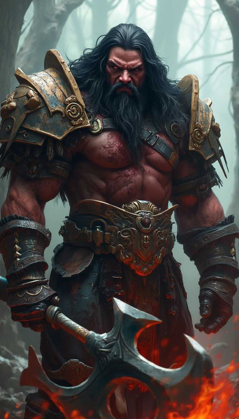 a man ,Grommash Bloodrage (Berserker - Male): Grommash is a battle-scarred and formidable berserker, his long, tangled black hair reflecting his ferocity. His blood-red eyes burn with the thirst for battle. He wears a mix of heavy iron and bone armor, decorated with tribal tattoos, symbolizing his victories in combat. Grommash's gloves are adorned with talons of fearsome creatures he has slain, showcasing his prowess as a warrior. He wields a colossal battle-axe, its blade infused with the essence of fire, able to cleave through multiple enemies in a single swing. Grommash's relentless and ruthless fighting style makes him a terror on the battlefield. with perfect face, young and slender, <lora:add_detail:0.67> w, masterpiece, 8k, perfect quality , realistic,ultraclear detailed <hypernet:slimModelsV1_slimmodelsV1:0.65>, skin details, realistic face, detailed eyes, detailed background