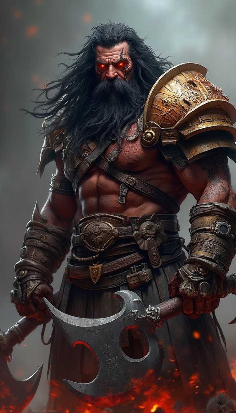 a man ,Grommash Bloodrage (Berserker - Male): Grommash is a battle-scarred and formidable berserker, his long, tangled black hair reflecting his ferocity. His blood-red eyes burn with the thirst for battle. He wears a mix of heavy iron and bone armor, decorated with tribal tattoos, symbolizing his victories in combat. Grommash's gloves are adorned with talons of fearsome creatures he has slain, showcasing his prowess as a warrior. He wields a colossal battle-axe, its blade infused with the essence of fire, able to cleave through multiple enemies in a single swing. Grommash's relentless and ruthless fighting style makes him a terror on the battlefield. with perfect face, young and slender,  w, masterpiece, 8k, perfect quality , realistic,ultraclear detailed , skin details, realistic face, detailed eyes, detailed background, hyper-realism, photography