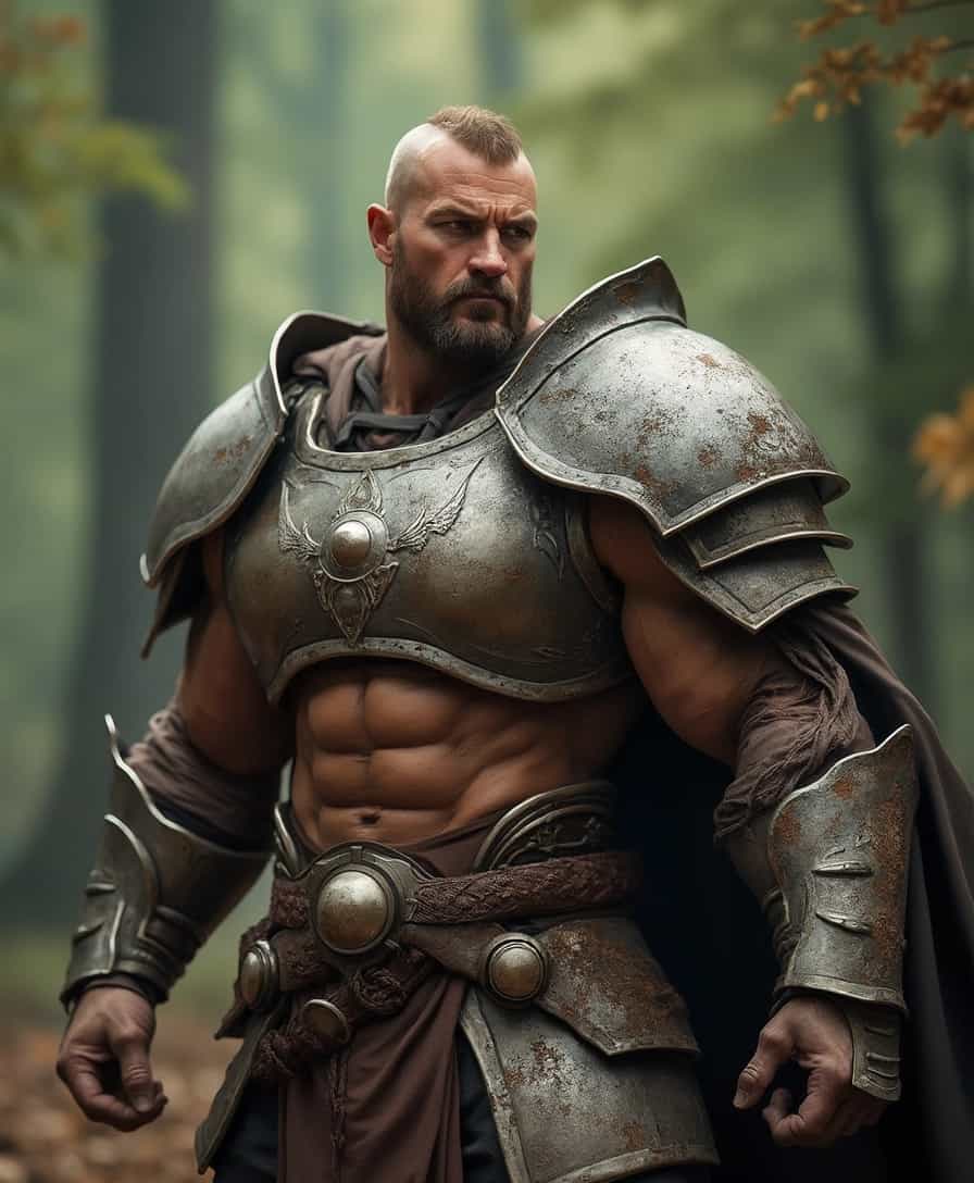 Oriental Warrior in Rustic Armor Standing in Forest