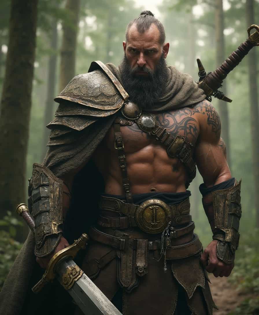 This image depicts a muscular warrior in dynamic medieval or fantasy armor, huge sword, rendered with lifelike detail and rich textures. tattoos on chest and arms, muscles. The high-resolution, cinematic photography quality suggests concept art for a game or movie. The warrior's armor, in earthy tones with metallic accents, and his intense gaze convey readiness for battle, set against a blurred forest background that adds motion and depth