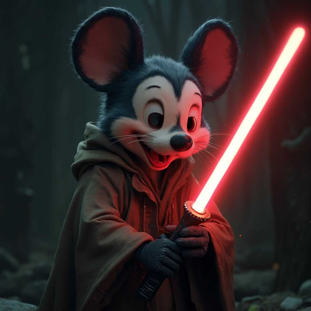 Film still, hipyer realistic, intricate, detailed, Mikey Mouse as a jedi with a light saber, dark, glowing lightsaber
