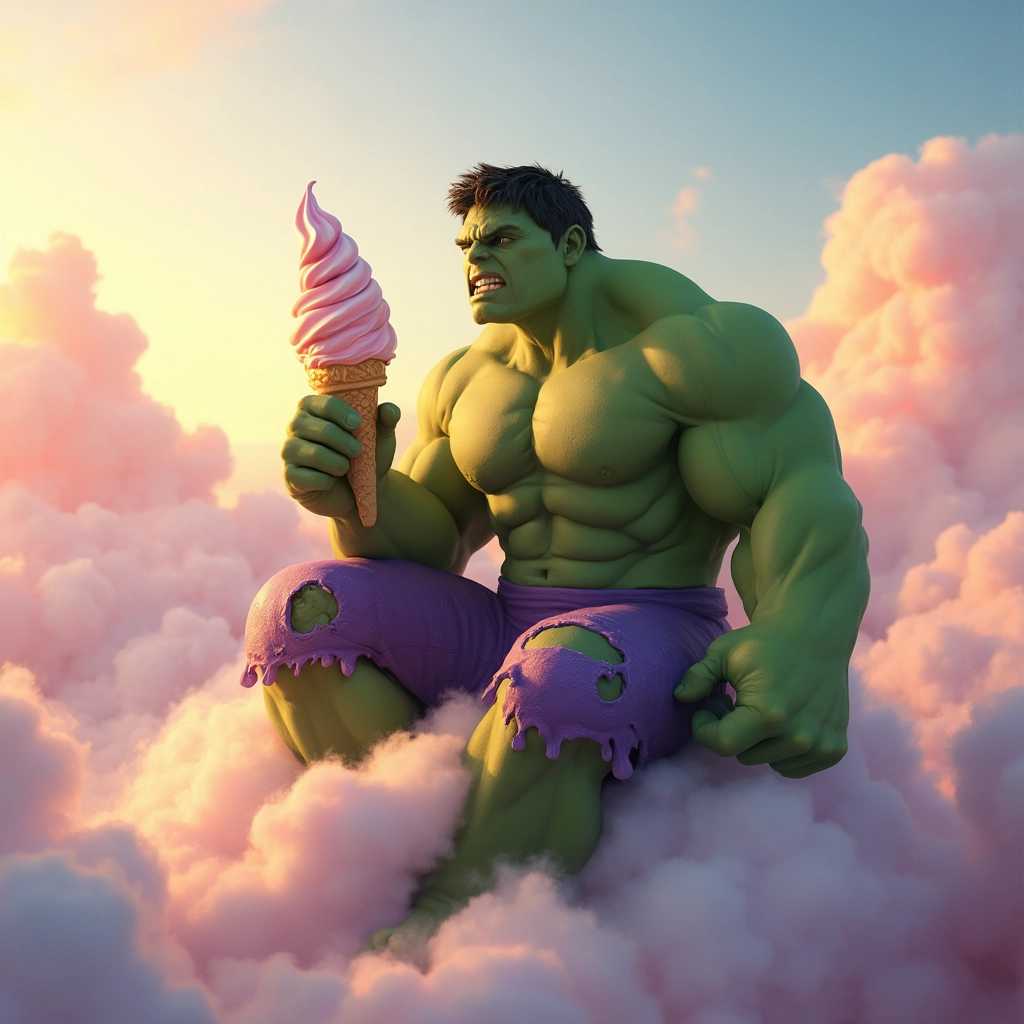 A whimsical and surreal scene featuring the Hulk eating an ice cream cone while sitting on a fluffy cloud. The Hulk is depicted in vibrant green tones with detailed textures capturing his muscular physique and iconic shredded purple pants. The ice cream is a towering, colorful swirl, dripping slightly in the warm, golden sunlight. The cloud is billowy and soft, almost like cotton candy, with gentle shadows adding depth and realism. The background showcases a dreamy, pastel-hued sky with soft gradients of pink, orange, and blue, suggesting either dawn or sunset. The light is warm and soft, casting a peaceful glow over the scene. The composition places the Hulk slightly off-center for a dynamic balance, with a slight upward camera angle to emphasize the surreal, fantastical nature of the setting. The mood is playful and light-hearted, evoking a sense of wonder and whimsy. The style is hyper-realistic with attention to detail, blending elements of fantasy and real-world textures seamlessly.