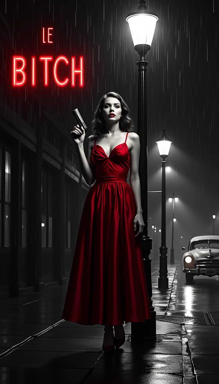 movie poster that says "Le Bitch", femme fatale, film noir style, black and white everything, red dress and lipstick, she holds a gun, stands against a streetlamp, nighttime, raining, 50s car in the street