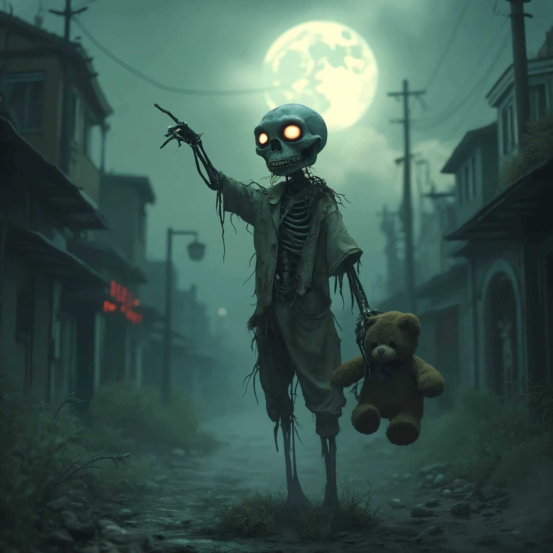 Zombie Skeleton in a Haunted Town at Night with a Full Moon
