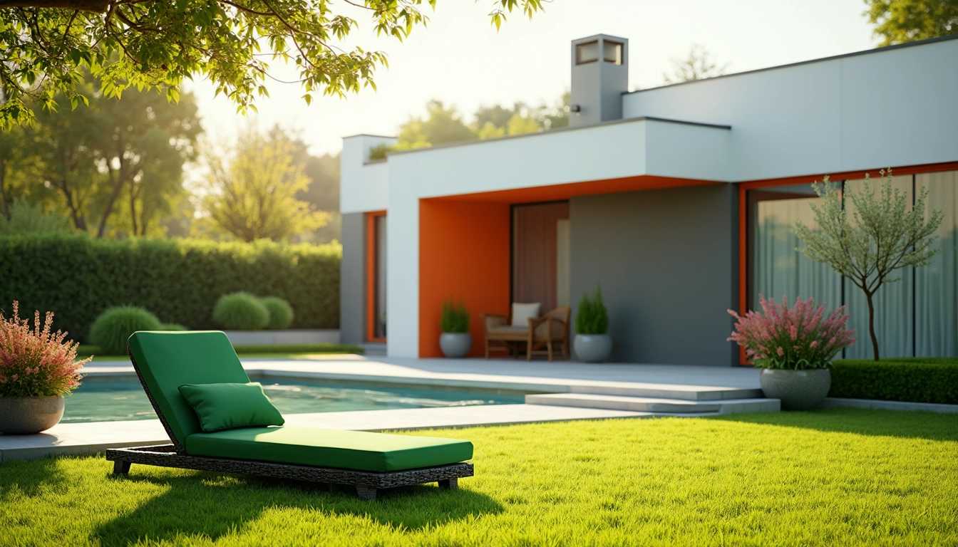 Create an outdoor scene with a modern, white contemporary house in the background. The house should have large windows with orange frames and a gray facade. In the foreground, green . The chaise lounge should not have a cushion on it. The deck and chaise lounge should be placed on a manicured lawn with vibrant green grass. Surrounding the lawn, there should be a neatly trimmed hedge and a variety of blooming flowers in pots. The scene should be bathed in warm sunlight, creating long shadows and a peaceful, serene atmosphere.