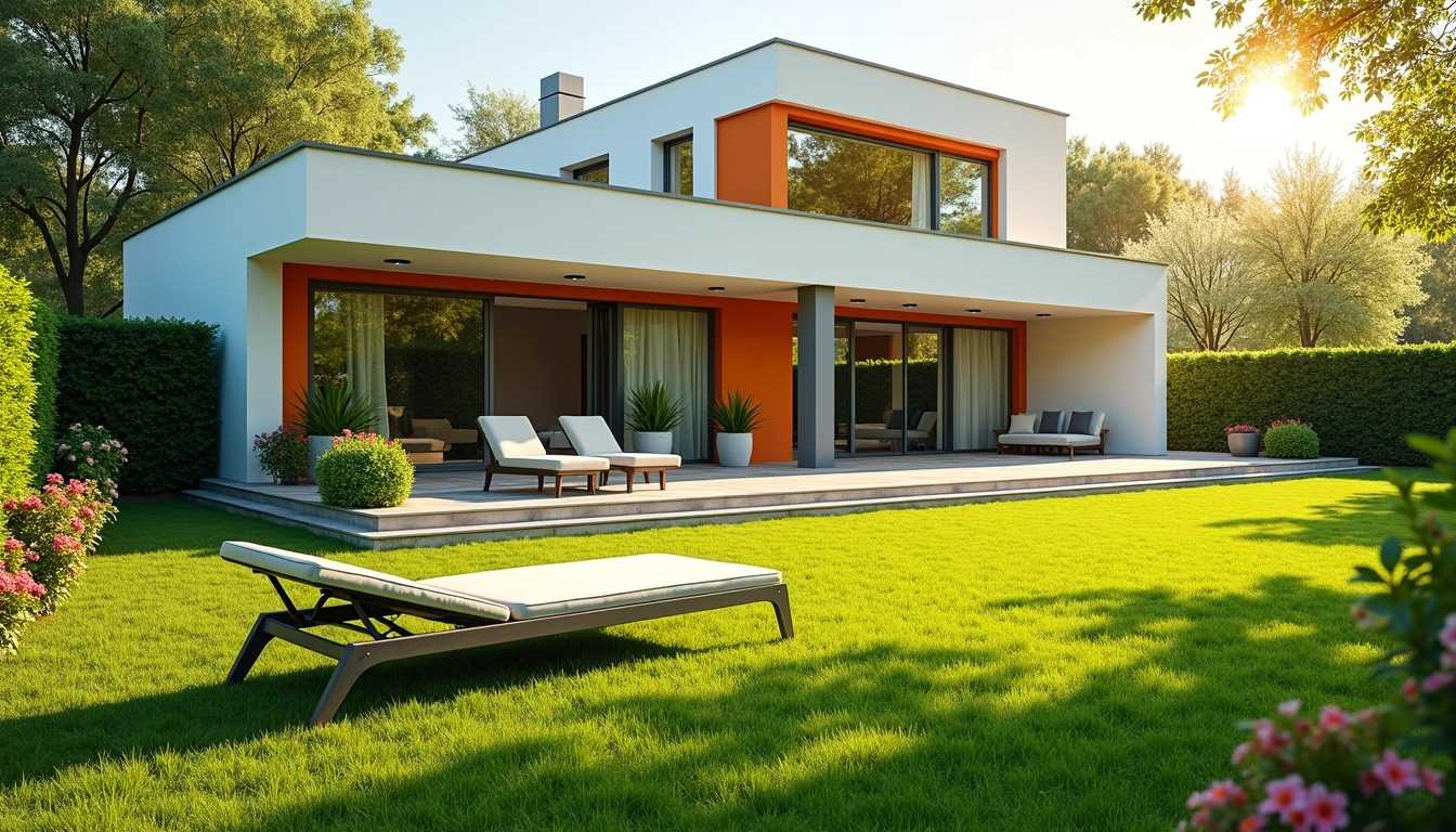 Create an outdoor scene with a modern, white contemporary house in the background. The house should have large windows with orange frames and a gray facade. In the foreground, green . The chaise lounge should not have a cushion on it. The deck and chaise lounge should be placed on a manicured lawn with vibrant green grass. Surrounding the lawn, there should be a neatly trimmed hedge and a variety of blooming flowers in pots. The scene should be bathed in warm sunlight, creating long shadows and a peaceful, serene atmosphere.