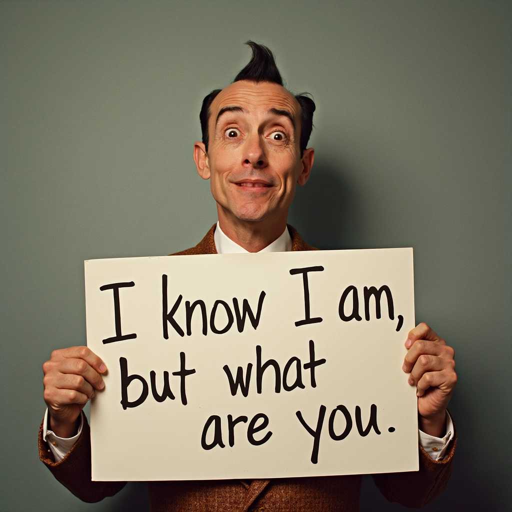 Pee Wee Herman holding a sign that says "I know I am, but what are you"