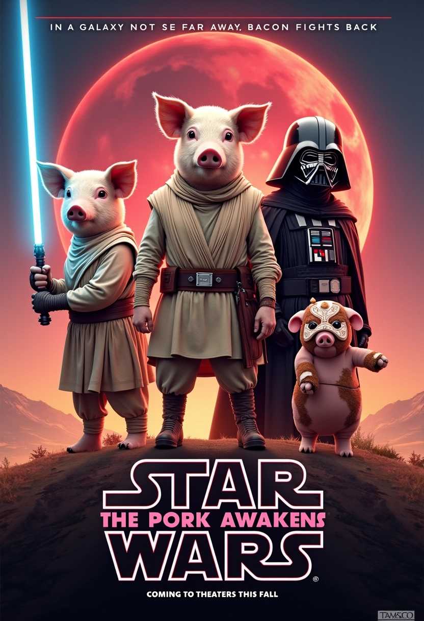 Movie poster for 'Star Wars: The Pork Awakens', a parody of Star Wars: The Force Awakens. Main visual elements include pig characters dressed as iconic Star Wars characters: a pig as Rey holding a lightsaber, another pig as Finn, a pig as Kylo Ren with a pork-themed mask, and a droid-shaped pig. Background showing the exterior of a barn starship. Title text 'Star Wars: The Pork Awakens' in the iconic Star Wars font but with pink accents. Tagline: 'In a galaxy not so far away, bacon fights back.' Release date: 'Coming to theaters this fall'. The poster maintains the epic and galactic style of the original, but with an added whimsical, barnyard vibe.
