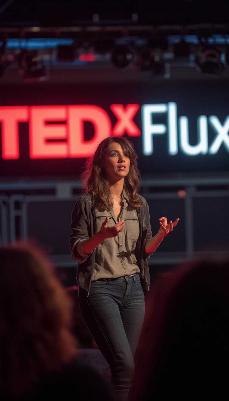 photo of a look alike of Ana de Armas giving a TED talk, behind her a big neon sign with the text "TEDx Flux", spotlight style lighting, soft shadows, sharp focus, shallow depth of field.