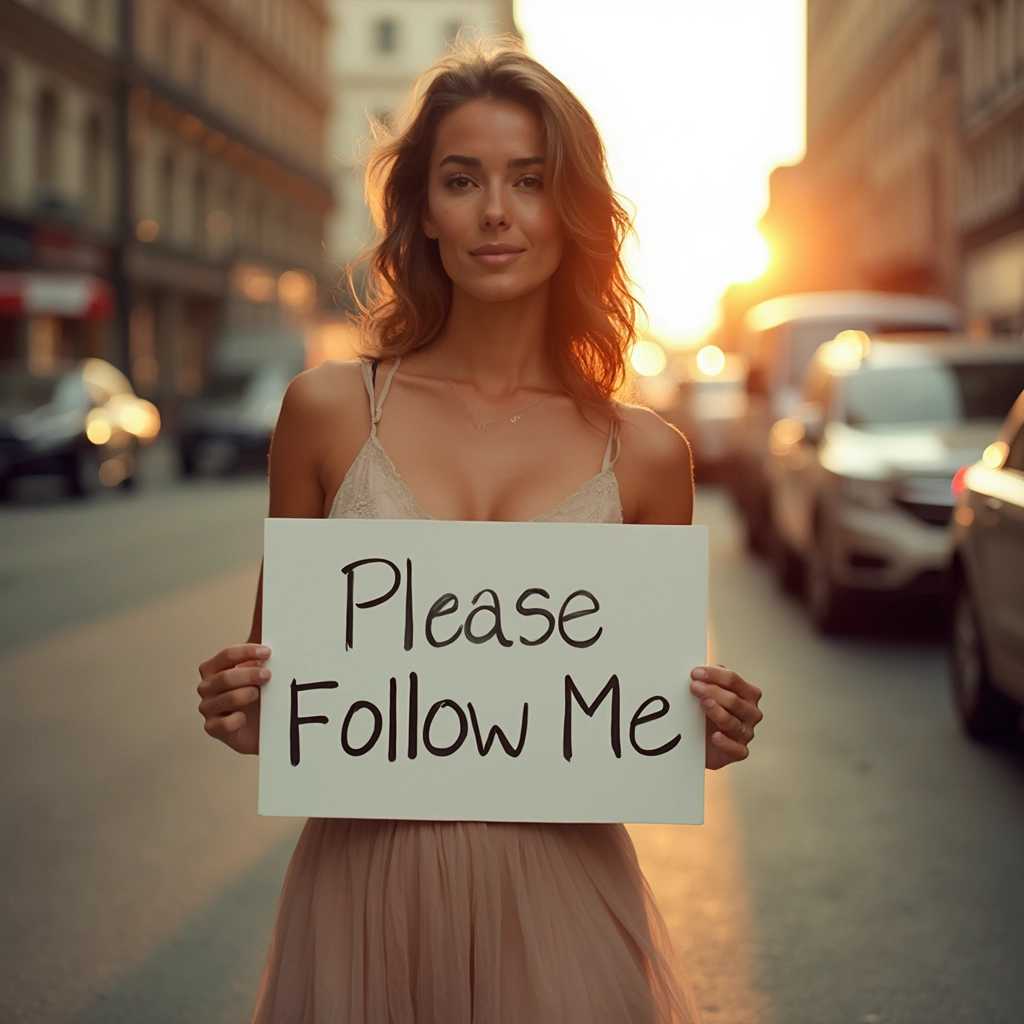 The image captures a person standing on a city street during what appears to be the golden hour, judging by the warm, soft light that bathes the scene. The person is dressed in a sleeveless, light-colored top with delicate straps and a flowing skirt that matches the top in color. They are holding a white sign with the word "Please Follow Me" written in black, which stands out against the lighter background of the sign. The interesting details in this image include the play of light and shadow, which gives the scene a dreamy quality. The person's attire suggests a casual yet stylish demeanor, and the act of holding the sign could imply a message or a call to action. The blurred background with hints of urban life, such as parked cars and buildings, adds depth and context to the setting. The overall composition of the image, with the subject centrally placed and the sign held prominently, creates a focal point that draws the viewer's attention.