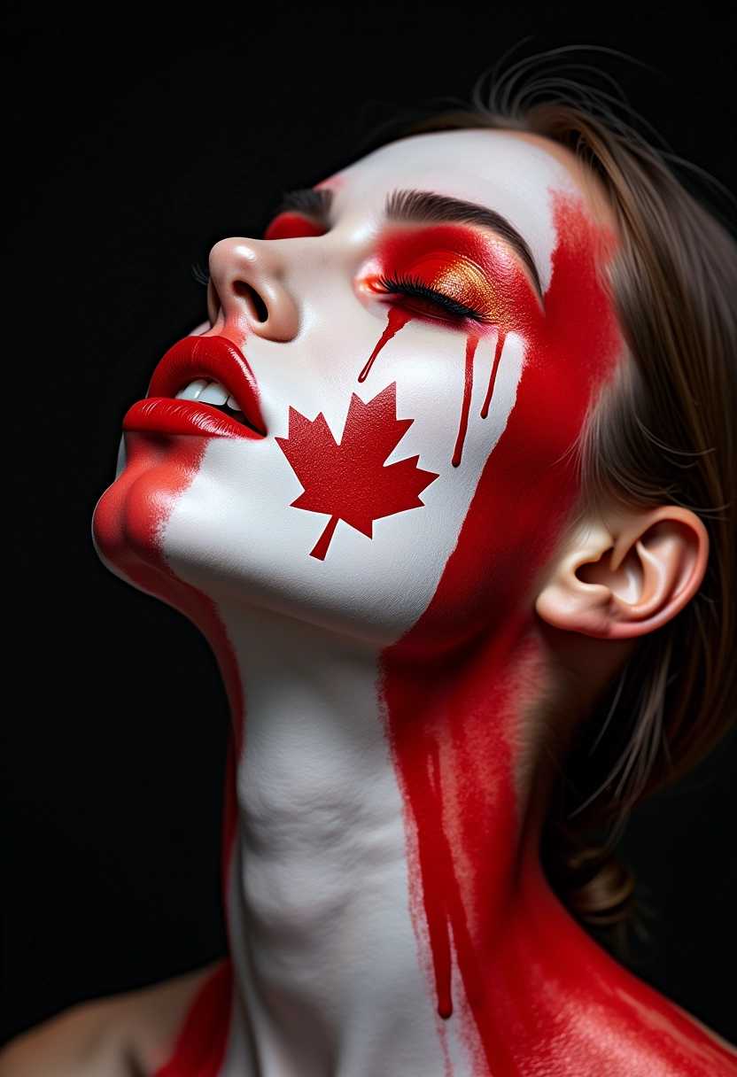 Artistic Canadian Flag Makeup Design on a Models Face
