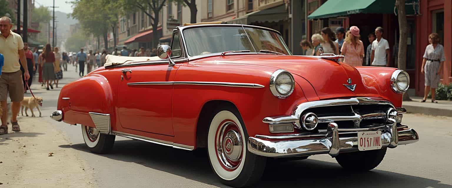 Vintage car colour red, classy with white interior, background is a sassy street in America, numerous people meandering, walking dogs, looking at how fabulous the car has been kept. Highly detailed and the picture is very realistic showing the interest of the car!