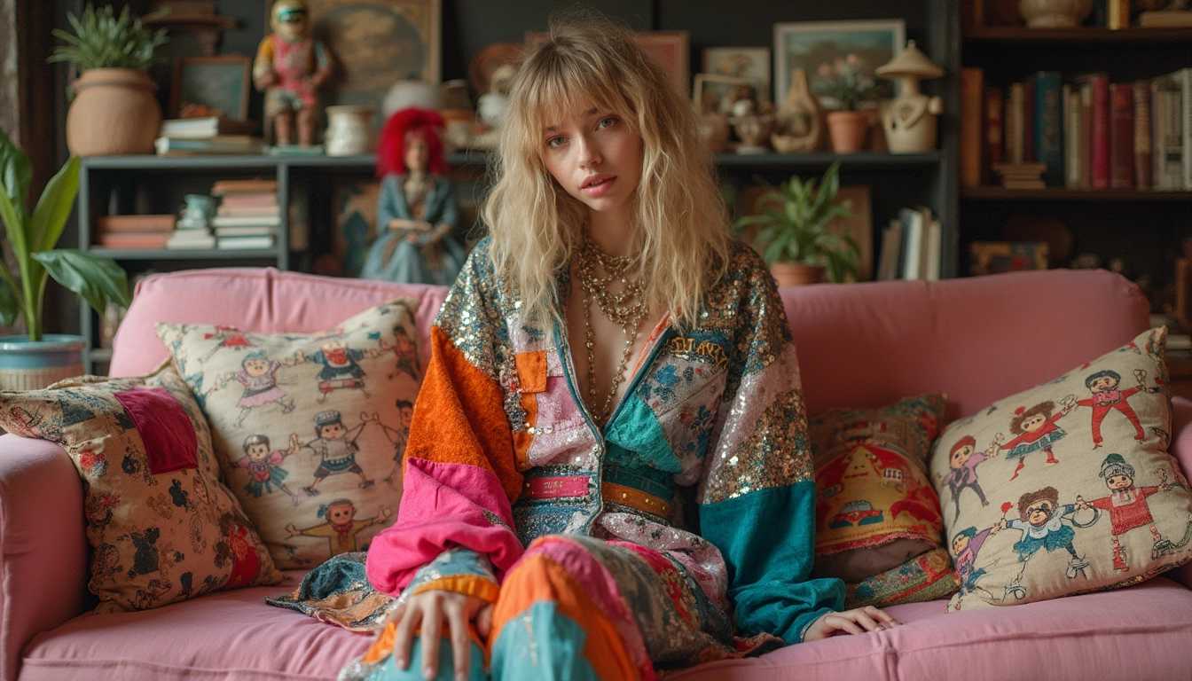 A young woman wearing a patchwork outfit made from various colorful fabrics and textures, including sequins, silk, and velvet, creating a chaotic yet cohesive look. She sits on a pink couch that is decorated with mismatched throw pillows and surrounded by a cluttered space filled with vintage toys, old books, and quirky knick-knacks. The room has an air of organized chaos, with every object telling a story, and her playful, rebellious expression suggests she is both a part of and above the whimsical world around her. The image is captured with a Canon EF 16-35mm f/2.8L III USM lens on a Canon EOS 5D Mark IV camera, with a honeycore filter that softens the eclectic, vibrant colors of the scene.