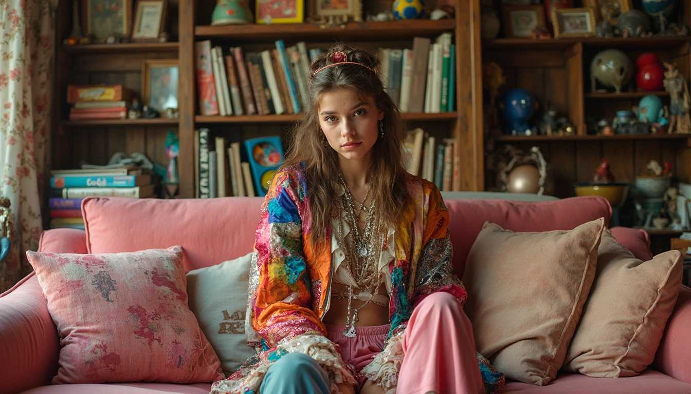 A young woman wearing a patchwork outfit made from various colorful fabrics and textures, including sequins, silk, and velvet, creating a chaotic yet cohesive look. She sits on a pink couch that is decorated with mismatched throw pillows and surrounded by a cluttered space filled with vintage toys, old books, and quirky knick-knacks. The room has an air of organized chaos, with every object telling a story, and her playful, rebellious expression suggests she is both a part of and above the whimsical world around her. The image is captured with a Canon EF 16-35mm f/2.8L III USM lens on a Canon EOS 5D Mark IV camera, with a honeycore filter that softens the eclectic, vibrant colors of the scene.
