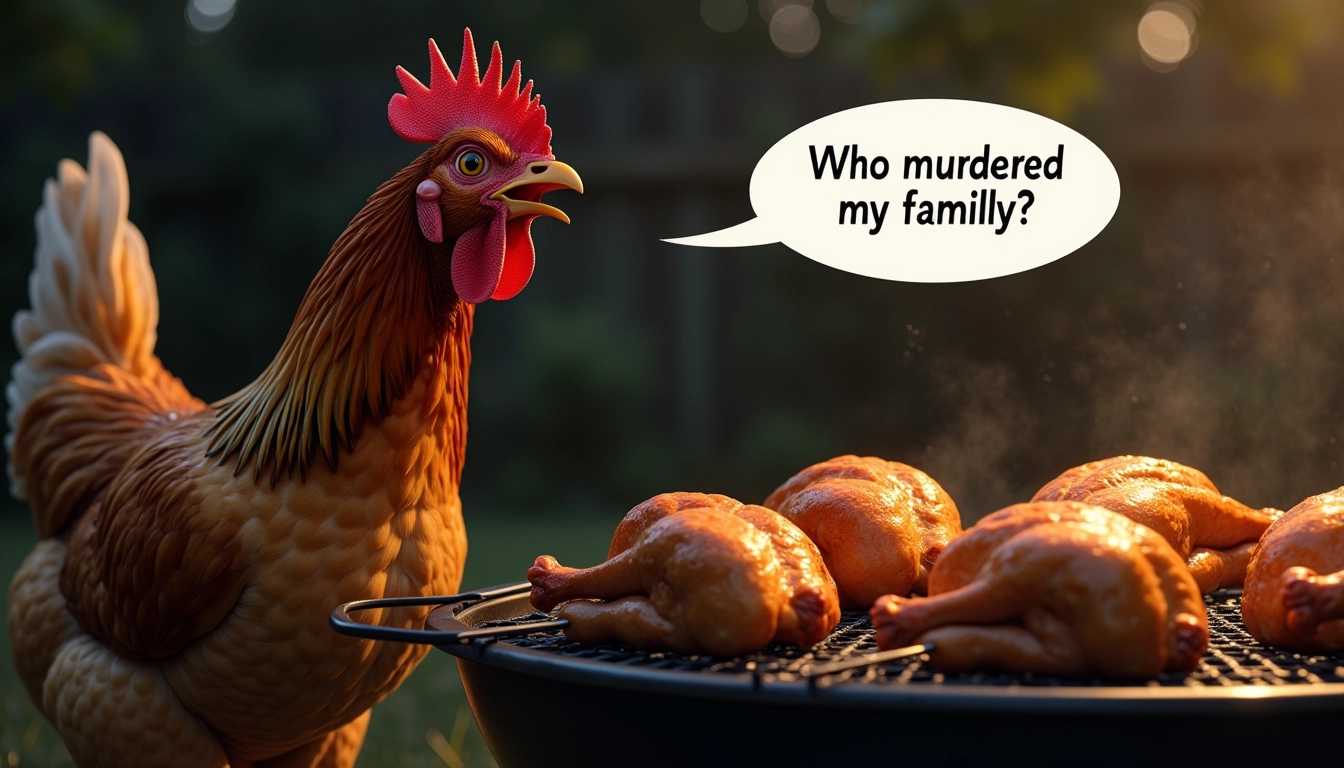 A hyper-realistic and detailed scene of a hen with an expression of shocked sadness, its beak wide open, standing beside a large grill. On the grill, four whole roast chickens are skewered, their golden-brown skin glistening under the light. The lighting is moody and dim, creating a somber atmosphere as the sun begins to set, casting long shadows. The hen's feathers are finely 
detailed and ruffled, reflecting its distressed state. Above its head, a speech bubble contains the text: “Who murdered my family?" The background is blurred slightly to keep the focus on the hen and the grill, with a rustic, backyard setting. The artistic style should be photorealistic, with a slight exaggeration for the emotional expression, similar to a well-crafted animation character. The scene composition places the hen in the foreground, the grill slightly behind and to the side, capturing the hen's full reaction. At the bottom of the picture, the text “Be warned, her revenge will be terrible” is a stark warning.