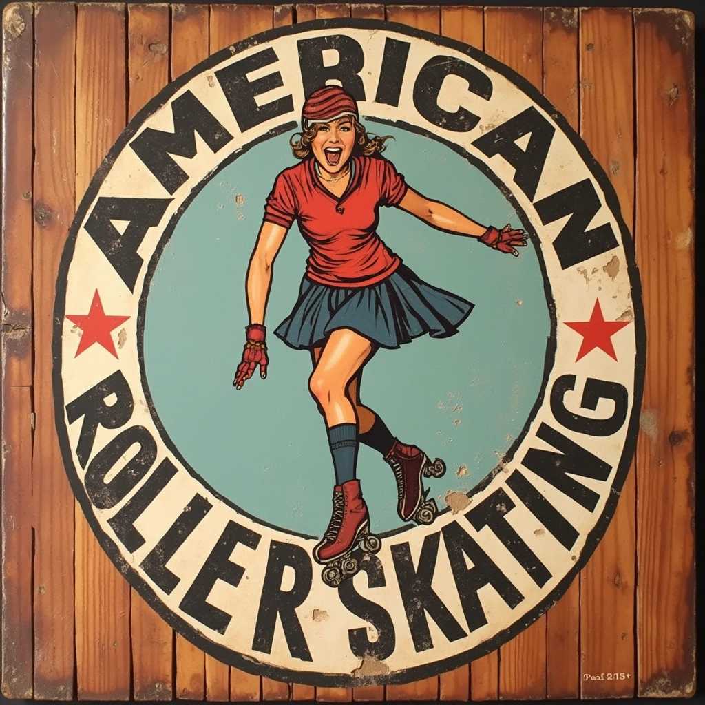 vintage worn text "AMERICAN ROLLER SKATING" decal souvenir, a woman with a helmet and roller skates are on the decal, wood background