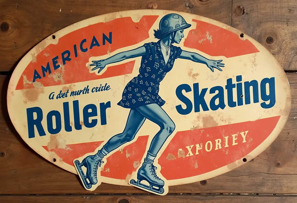 vintage worn text "AMERICAN ROLLER SKATING" decal souvenir, a woman with a helmet and roller skates are on the decal, wood background